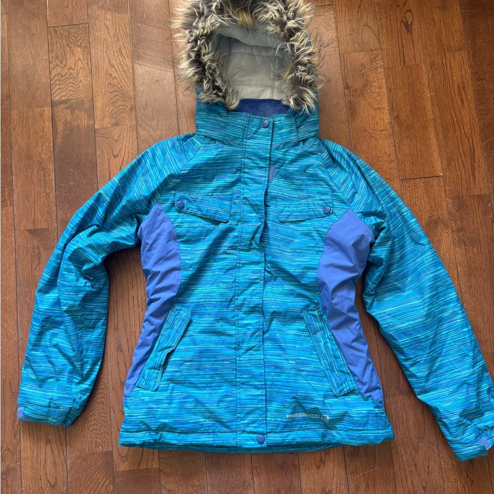 Free Country Blue Striped Puffer Jacket with Fur Hood